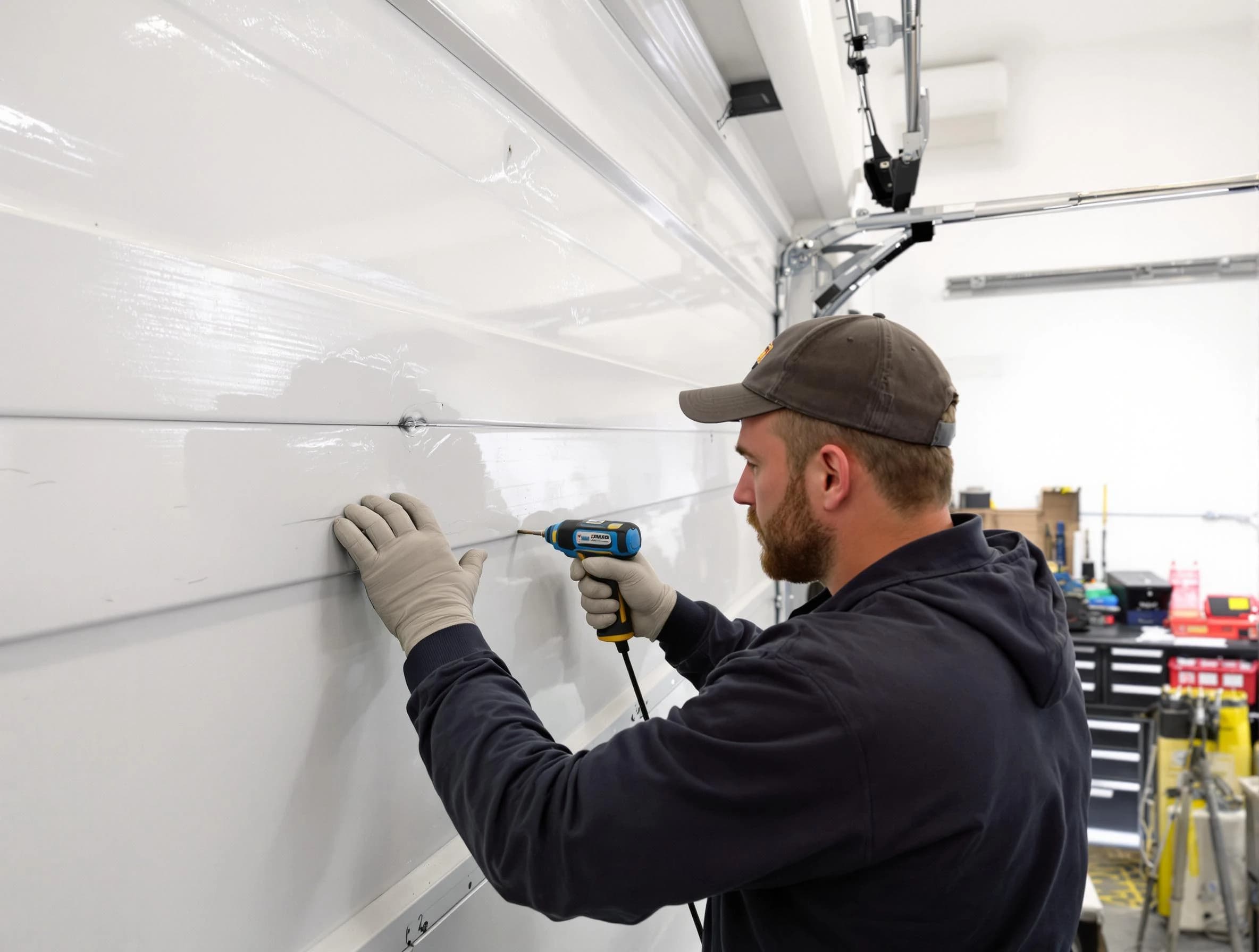 Bayonne Garage Door Repair technician demonstrating precision dent removal techniques on a Bayonne garage door