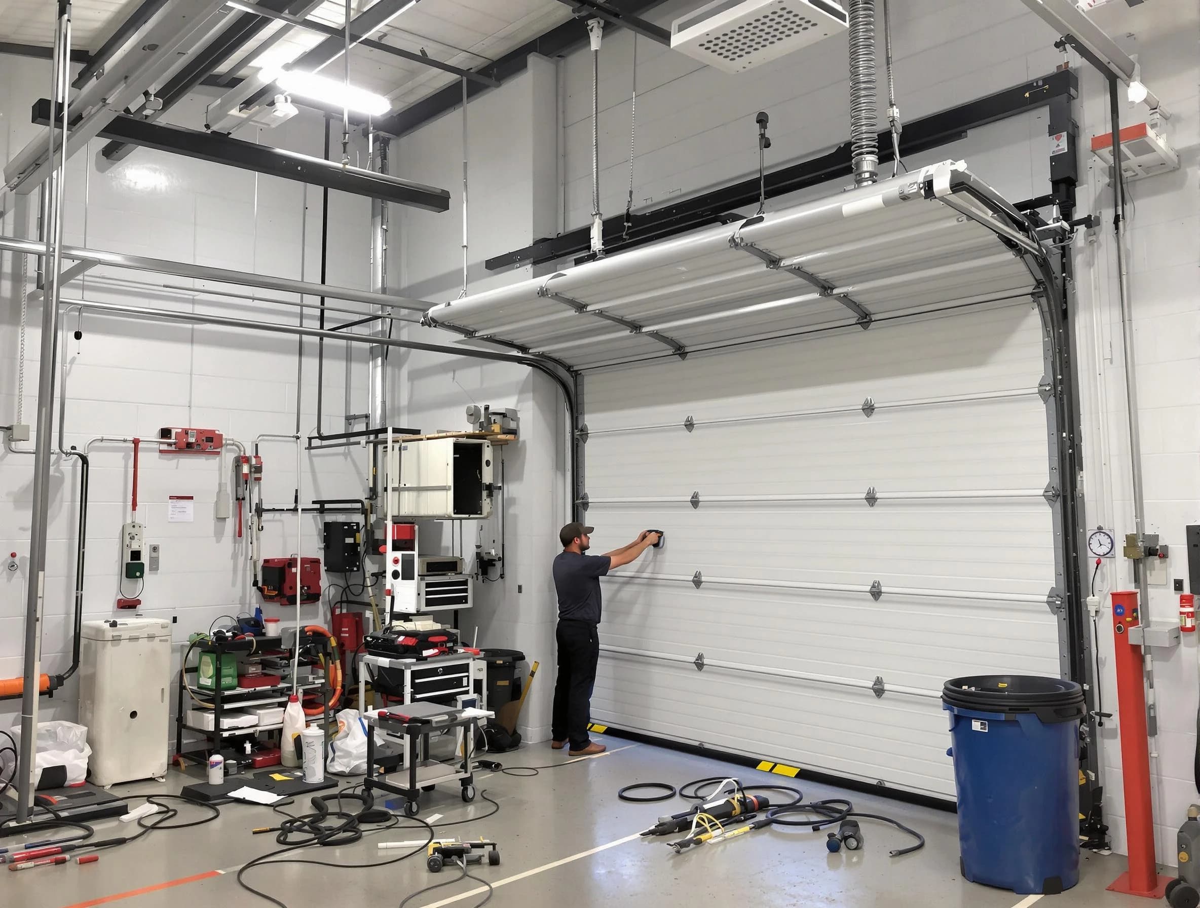 Bayonne Garage Door Repair certified technician performing commercial door repair at a Bayonne business facility